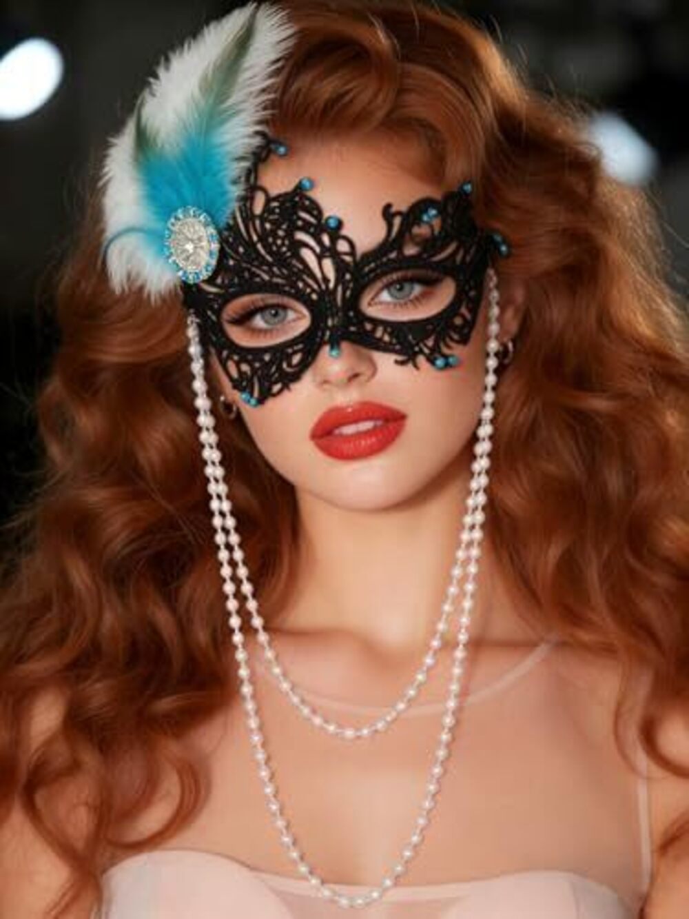 1984 Feather Masquerade Lace Mask Rhinestone Eye Masks with Beaded Chain